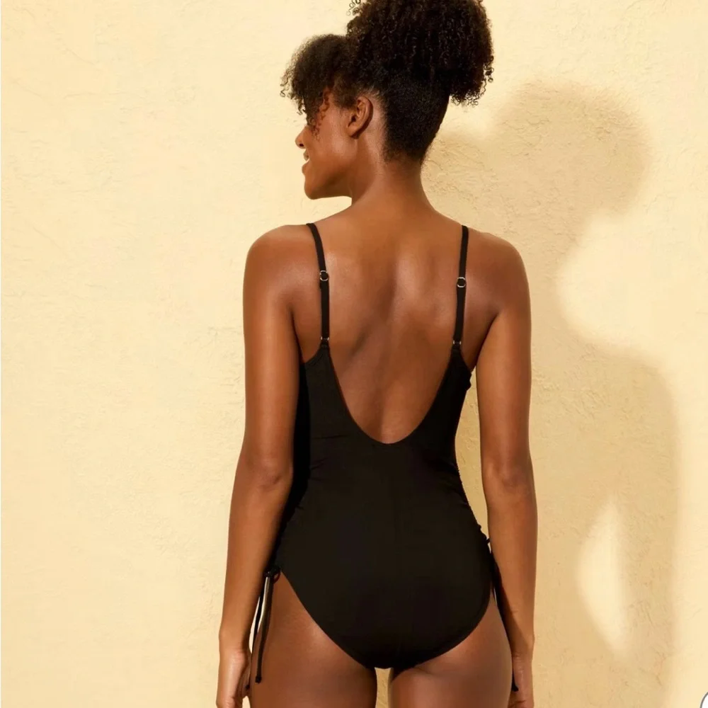 Women’s Ribbed Adjustable Drawstring Medium Coverage One Piece Swimsuit - Picture 3 of 7